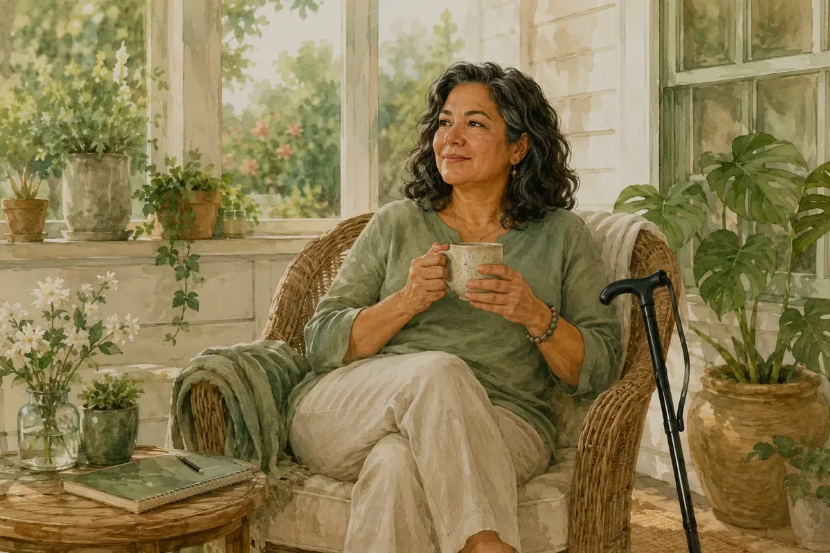 A woman rests with a mug in a plant-filled sunroom, with a cane beside her chair and a notebook on a nearby table.
