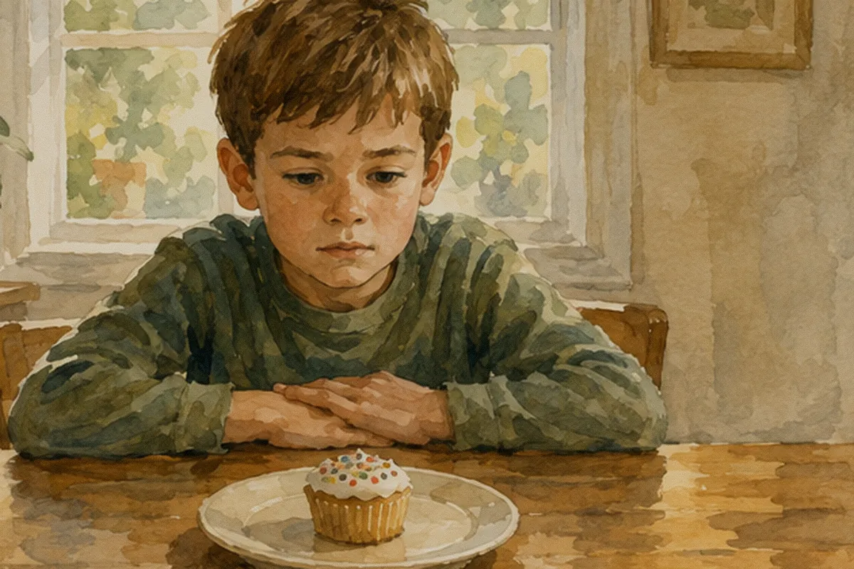 A school-age boy sits at a table with his hands folded, waiting in front of a single frosted cupcake on a plate.