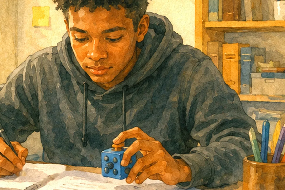 A young adult works at a desk, writing on papers with one hand while turning a blue fidget cube in the other.
