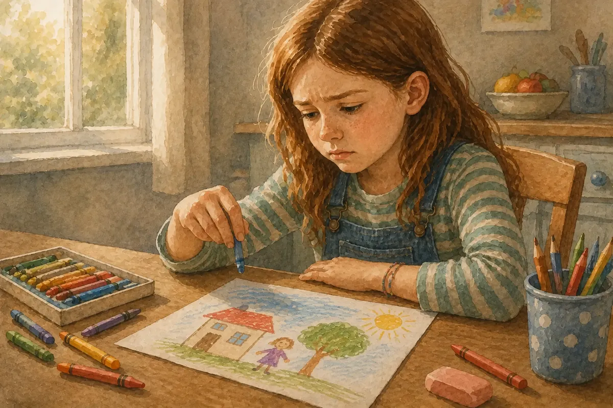 A girl at a table looks unhappily at her own drawing, one hand hovering over the paper as she decides whether to start again.