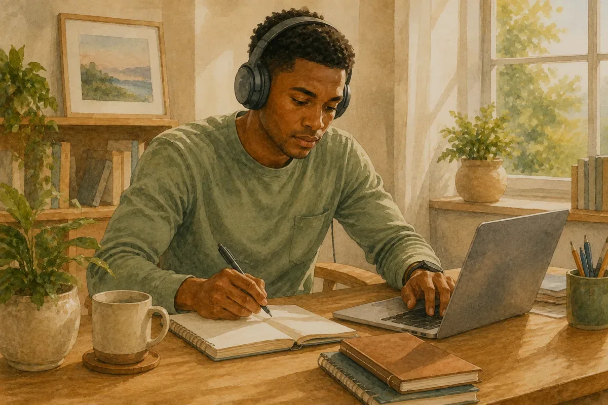 A man wearing headphones works at a wooden desk with a laptop and notebook in a bright room filled with plants.