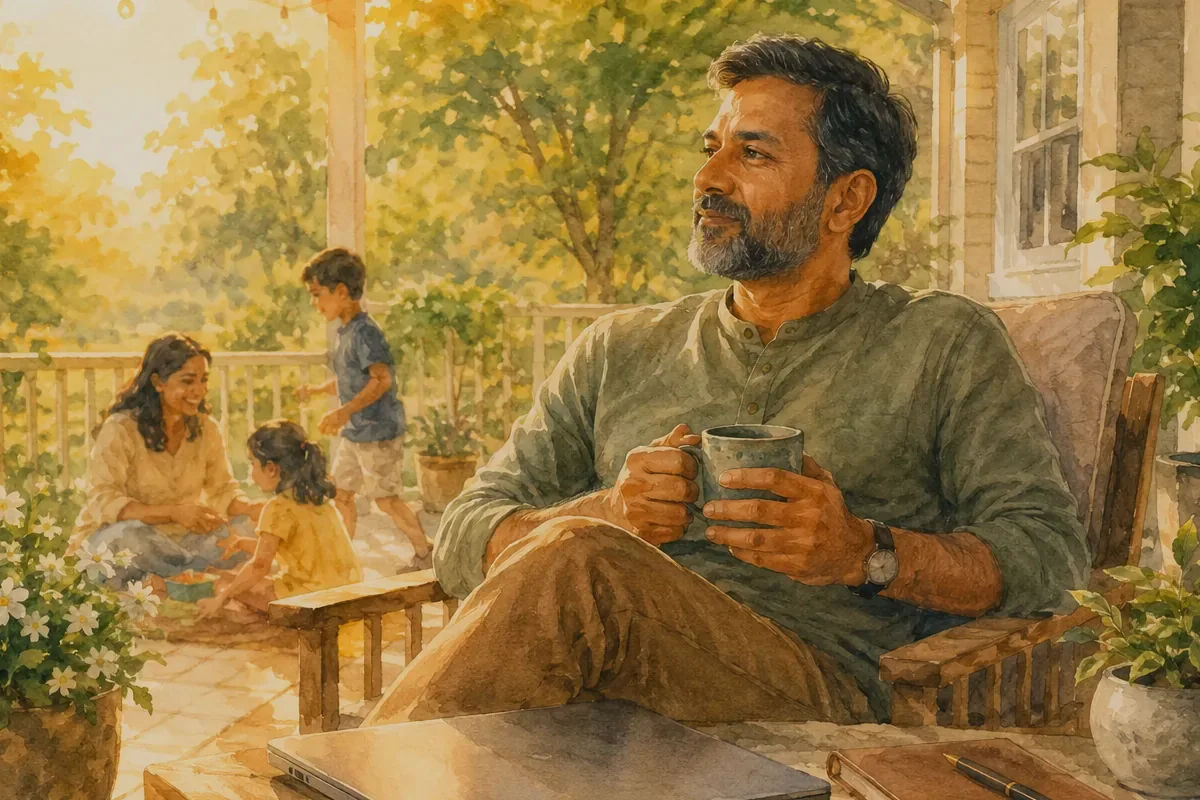A father relaxes on a flower-filled porch while another caregiver and two children spend time together nearby in the evening light.