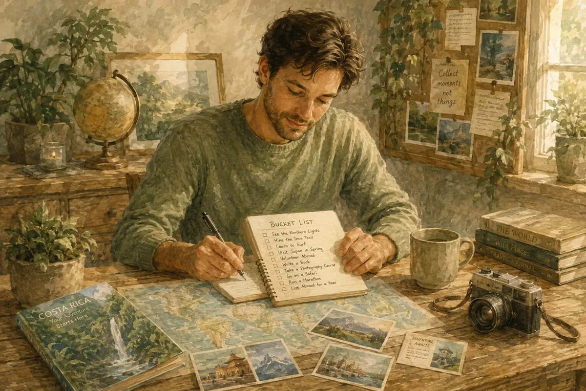 A man writes a list in a notebook at a desk spread with postcards, a camera and a globe.