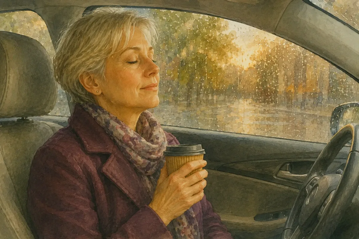 A woman sits in her car on a rainy day with her eyes closed, holding a coffee and taking a quiet moment after therapy.