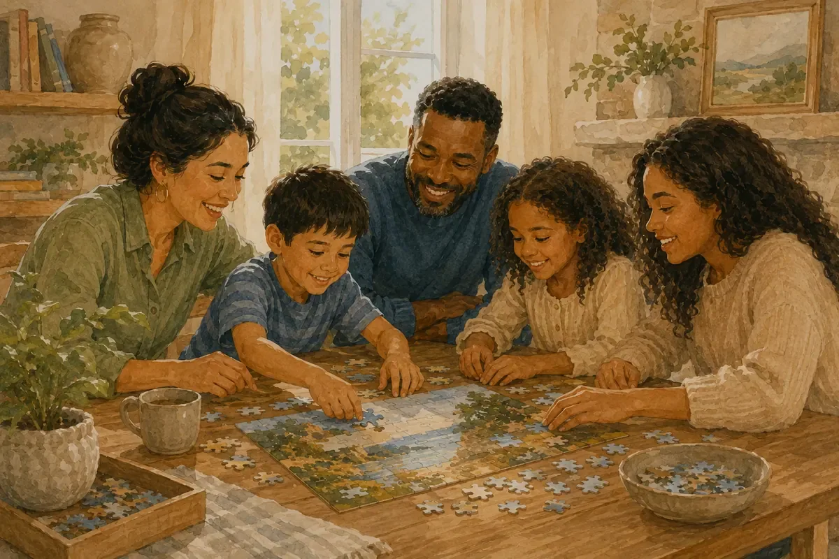 A family of five gathers around a table completing a jigsaw puzzle together in a bright, cozy living space.