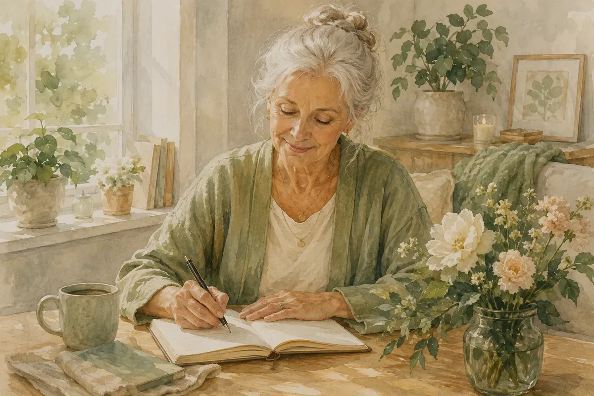 An older woman writes in a journal at a sunlit table beside a mug, flowers, books, and houseplants.