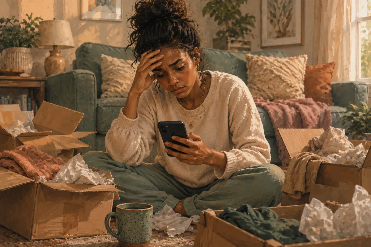 A young woman sits among opened delivery boxes and packing paper, looking at her phone with a hand to her forehead.