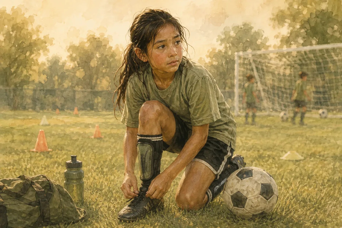 A tired young soccer player kneels on the field beside a ball and water bottle during practice.