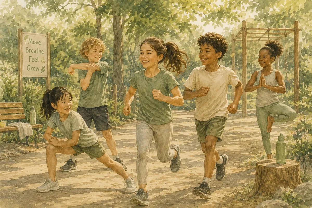 Five children run, stretch and balance together on a sunlit path beside a playground.