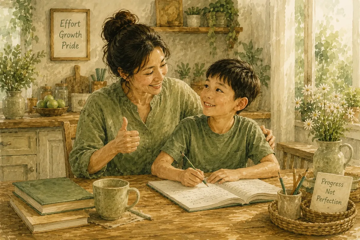 A mother gives her son a thumbs up as he writes in a notebook at the kitchen table.