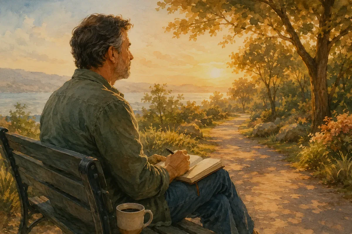A middle-aged man sits on a bench with a journal, looking toward a sunlit path and distant water at golden hour.