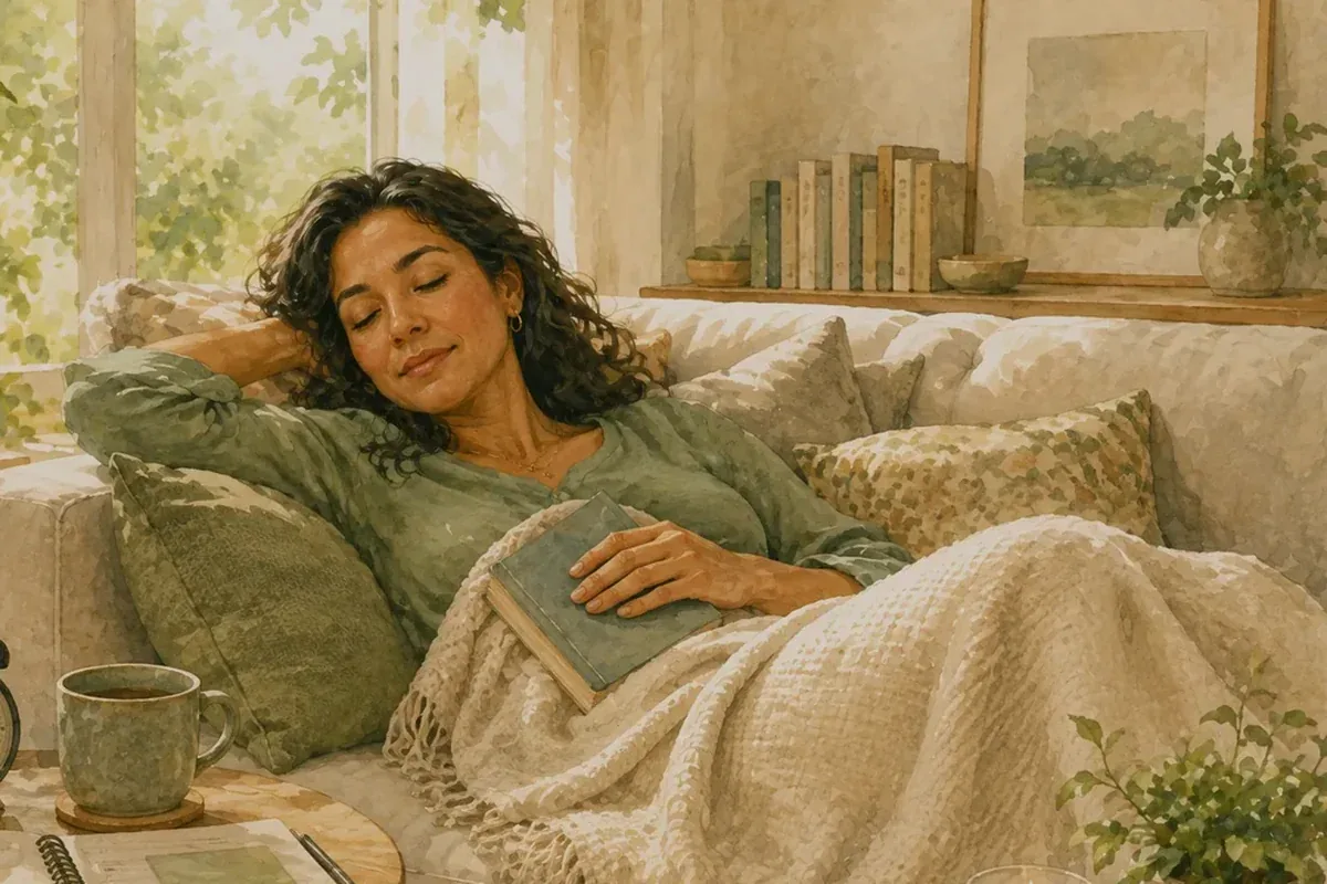 A woman rests peacefully on a sofa under a soft blanket with a book nearby in a calm, sunlit room.