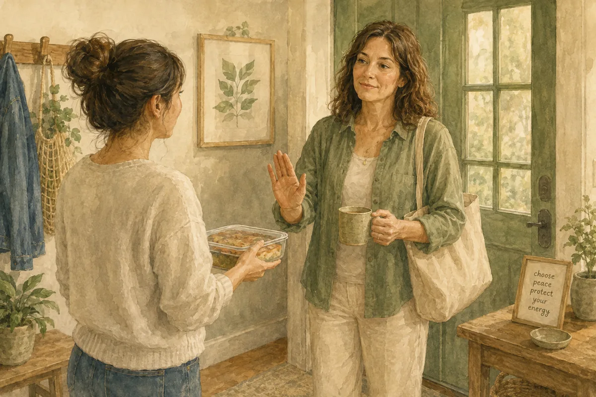 A woman stands in her doorway with a mug in hand, raising the other hand to decline as another woman offers her a covered dish.